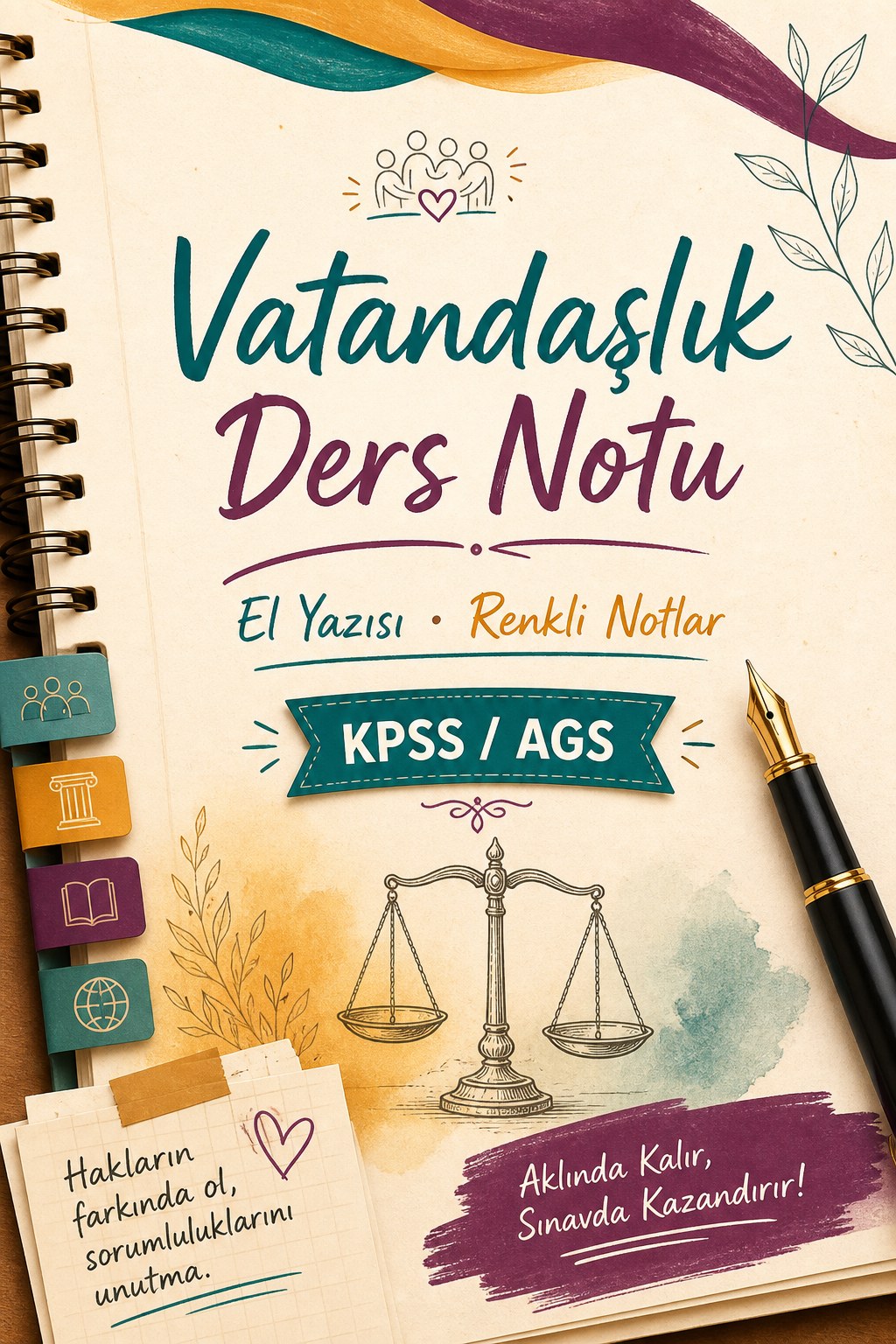 KPSS / AGS Vatandaşlık Ders Notu — El Yazısı Renkli Çalışma Kitabı kapağı